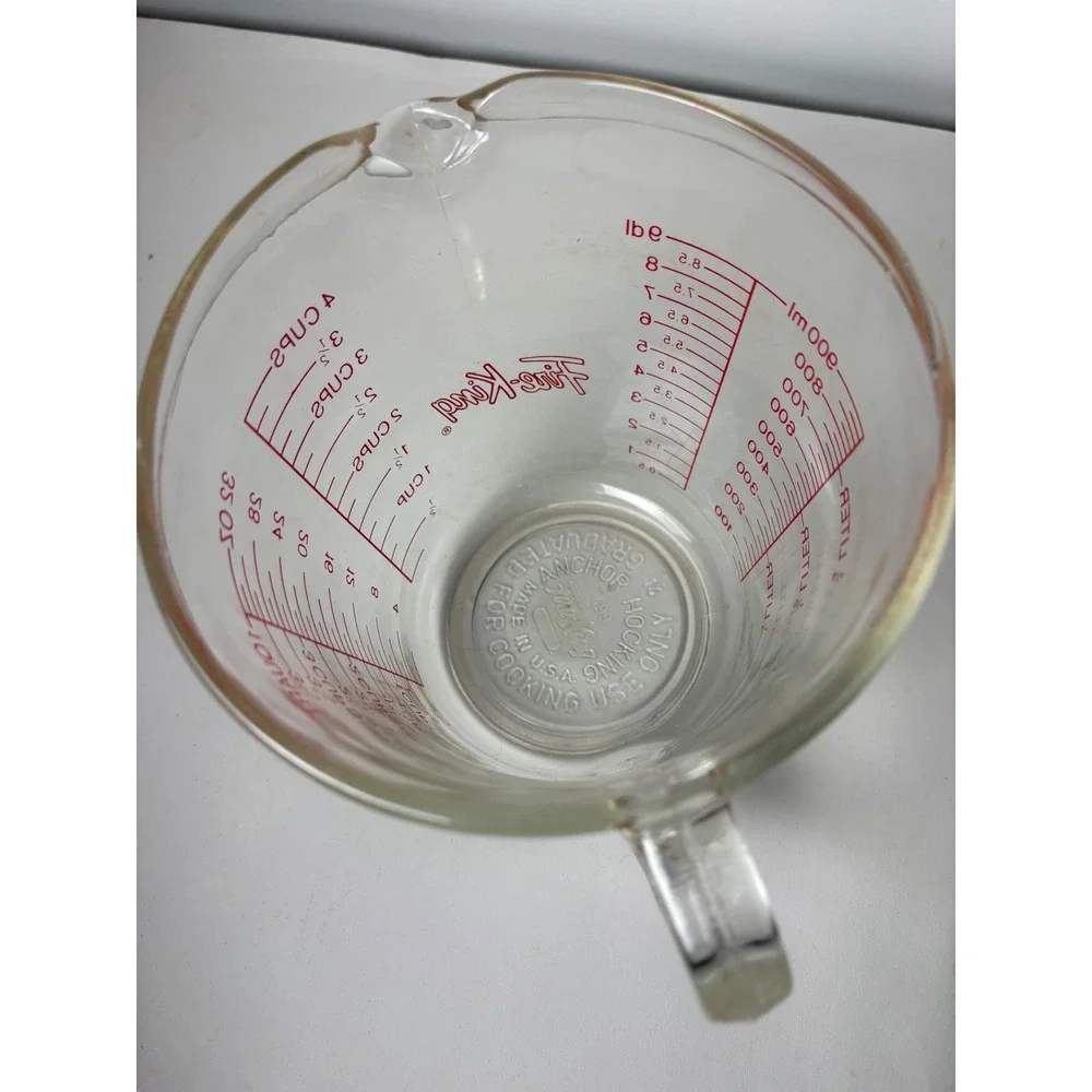 Vtg Fire-King Anchor Hocking 4 Cup Glass Measuring Cup Red Lettering 1 Quart USA